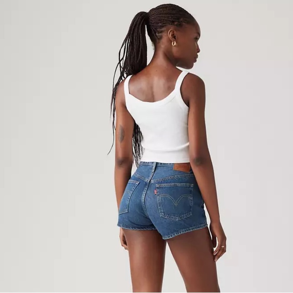 Levi's 501 High Rise Dark Blue Distressed Denim Shorts
